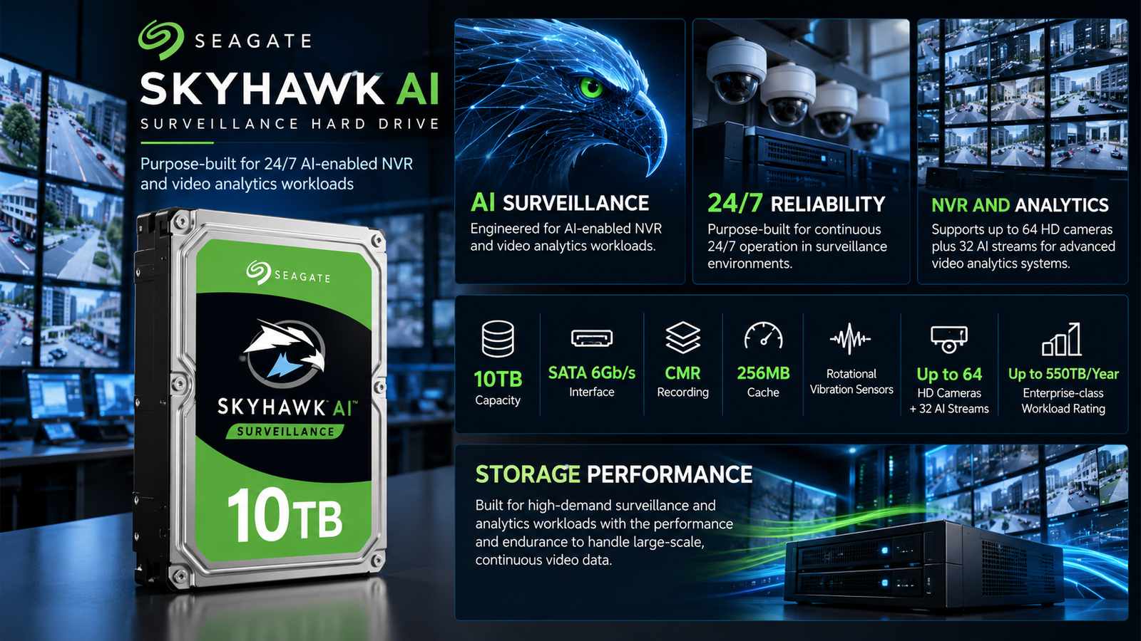 Seagate SkyHawk AI ST10000VE001 10TB Surveillance Hard Drive, 3.5-inch SATA 6Gb/s, CMR, 7200 RPM, 256MB Cache, up to 64 HD Cameras + 32 AI Streams, 24/7 NVR HDD